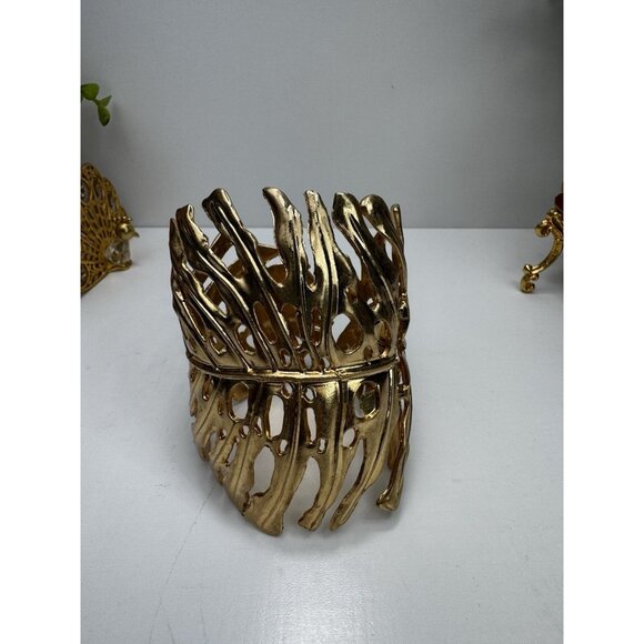 ZARA Gold Leaf Statement Cuff Bracelet Sculptural Openwork Wide Bangle Bold Maxi - Picture 4 of 11